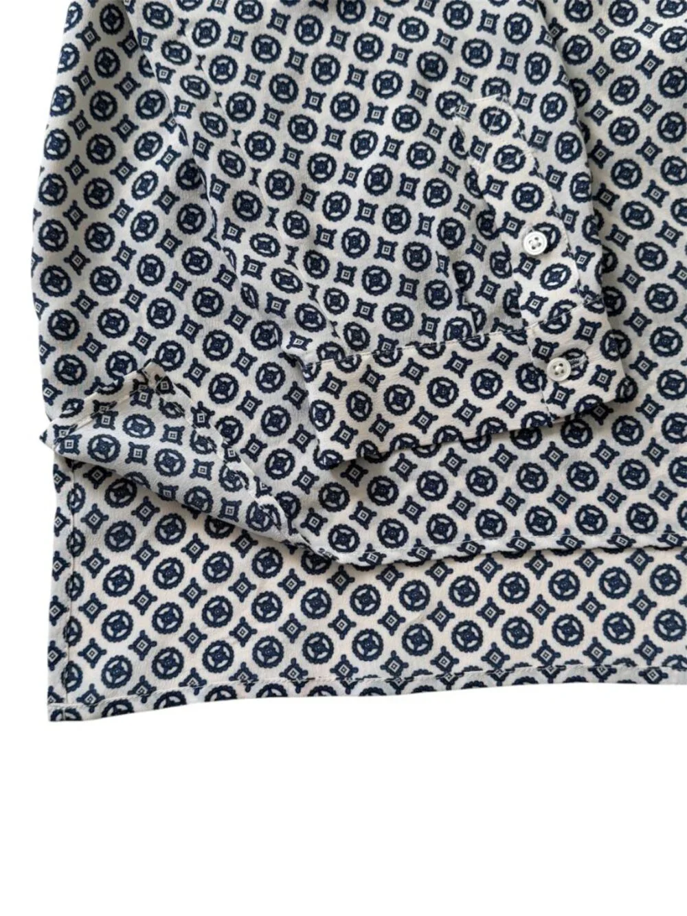 Joie Daryn 100% Silk Geometric Tile Medallion Print Boho Blouse Navy/Cream Sz S